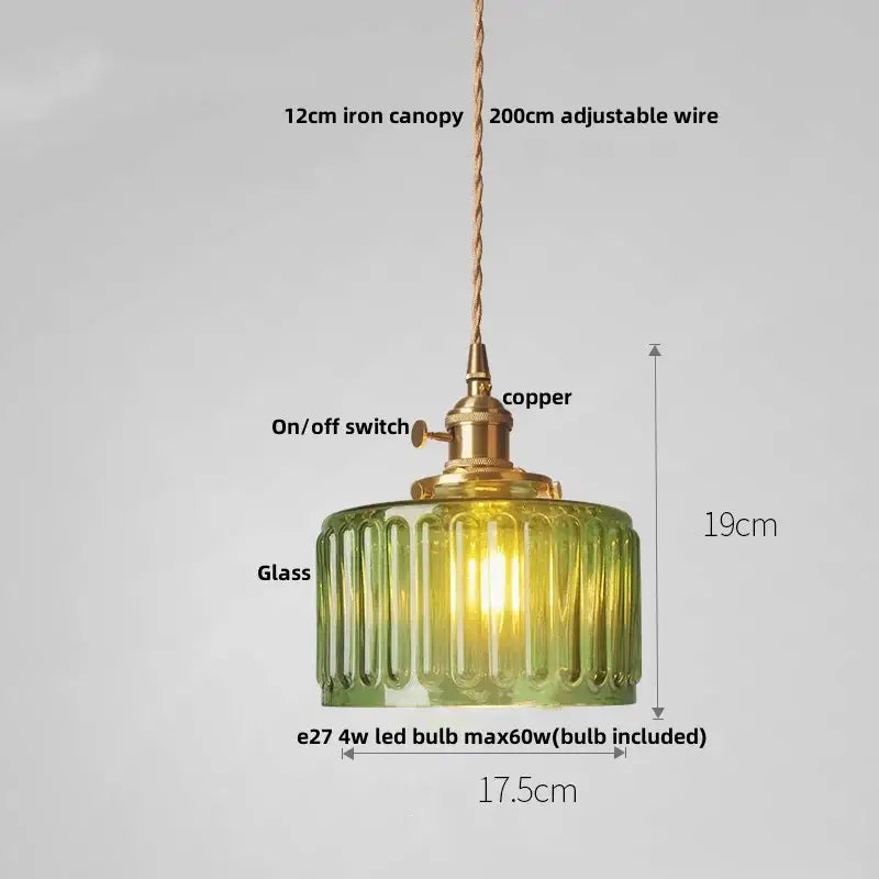 Antique brass pendant light with ribbed green amber glass led shade and adjustable copper wire suspension for stairs