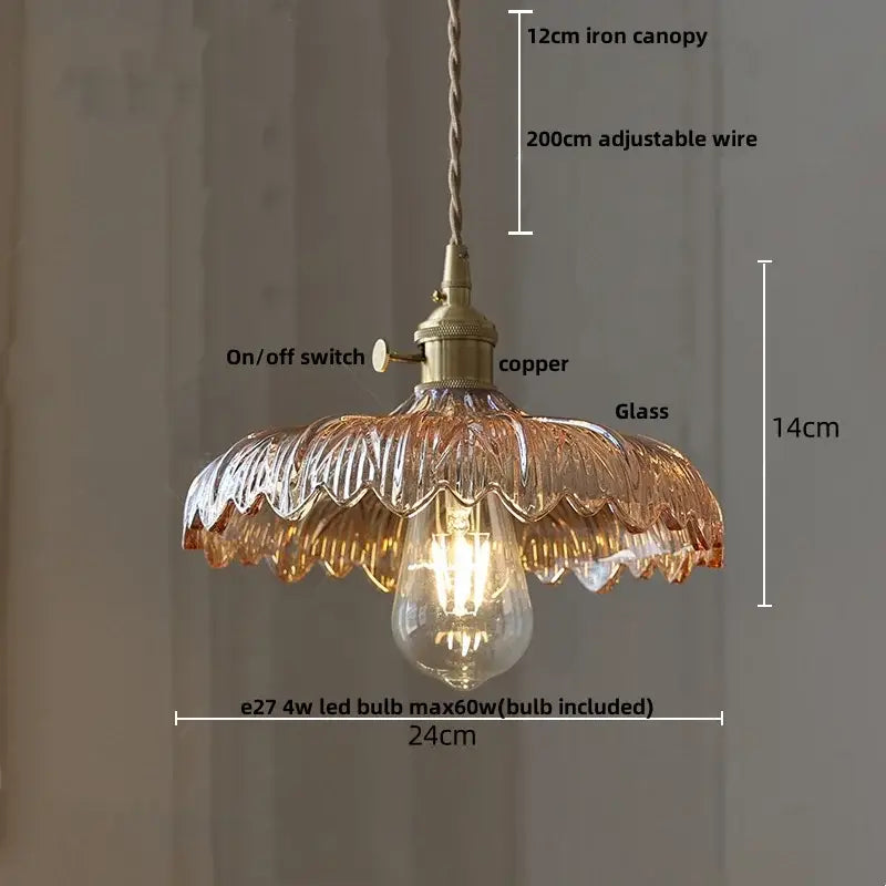 Antique brass and amber glass led pendant light with copper fixture and scalloped glass shade for stair hanging