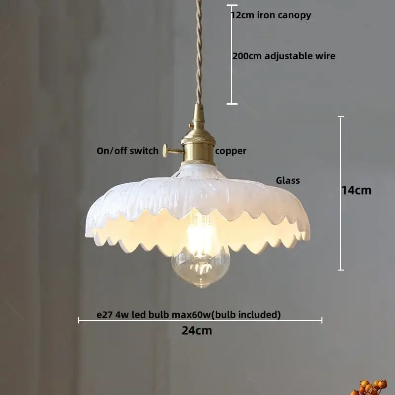 Delicate white glass led pendant light with scalloped edge amber glass led and copper-toned hardware hanging light