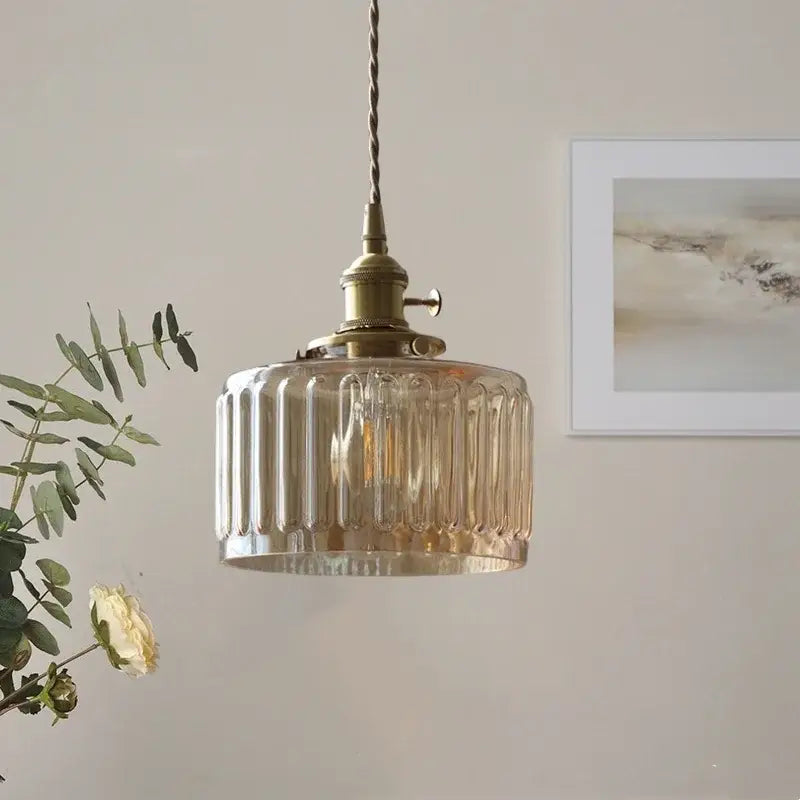 Antique brass pendant light with amber glass led ribbed shade for glass led hanging stair illumination