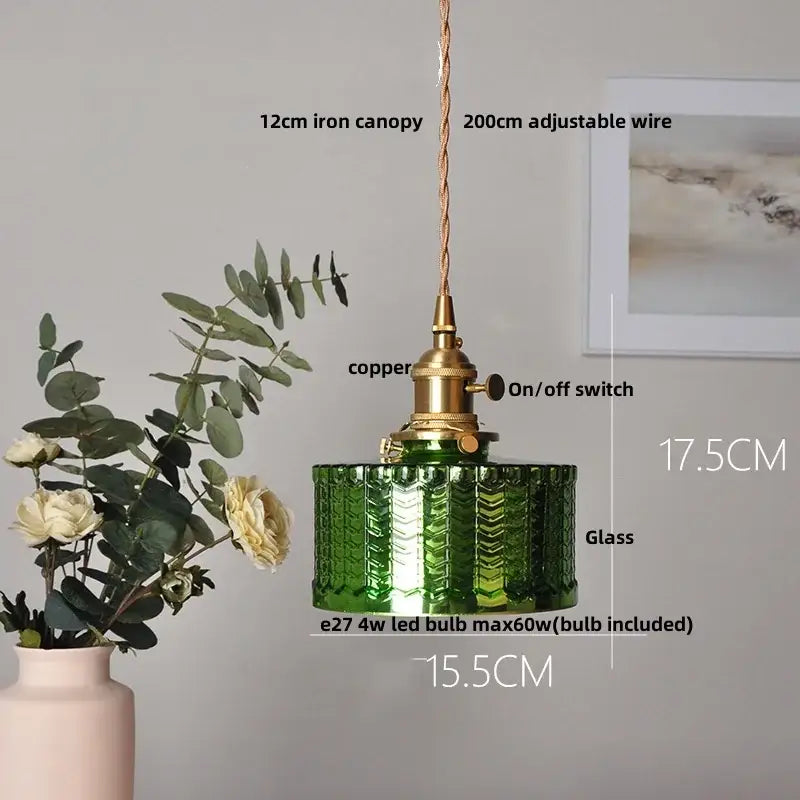 Antique brass pendant light with green textured amber glass led shade and copper-finished on/off switch for hanging use