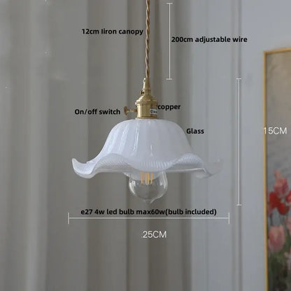 White glass pendant light with fluted petal design and brass-colored copper hardware for amber glass led hanging use