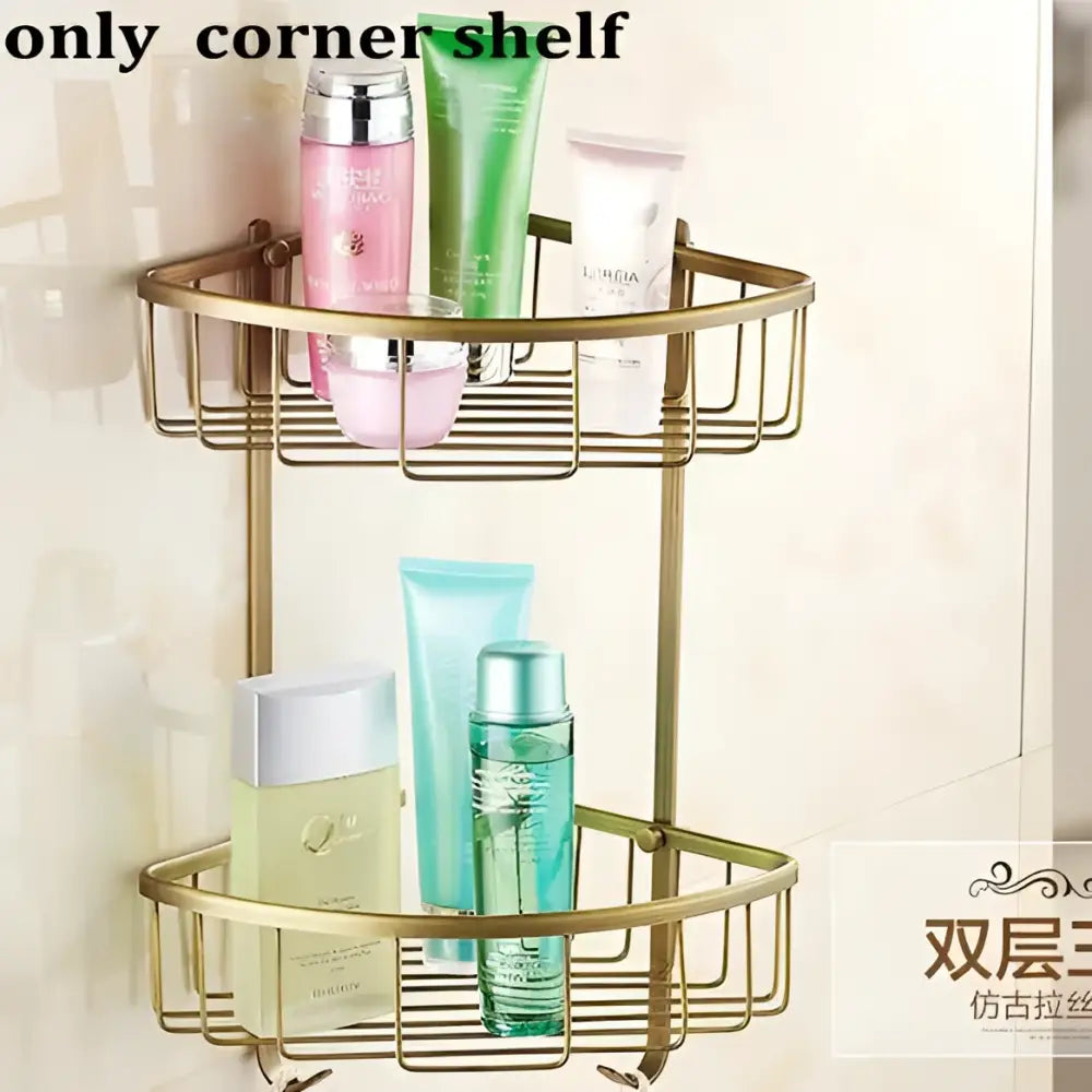 Antique brass double-tier corner shelf with wire mesh design from decorbites bathroom accessories set for bathroom use