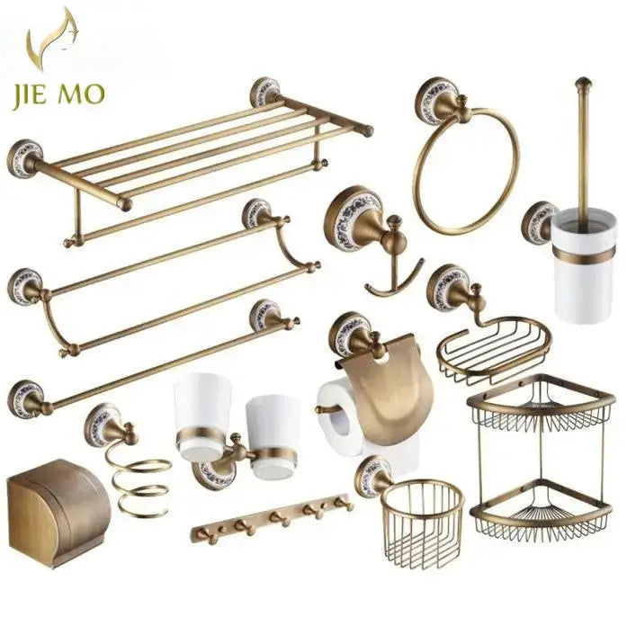 Antique brass and ceramic bathroom accessories set with ornate ceramic accents and matching hardware by decorbites bathroom accessories
