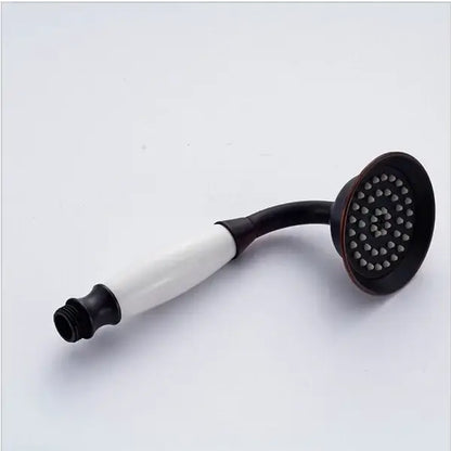 Antique brass and chrome hand shower head with curved handle ceramic grip and brass nozzle for bathroom use