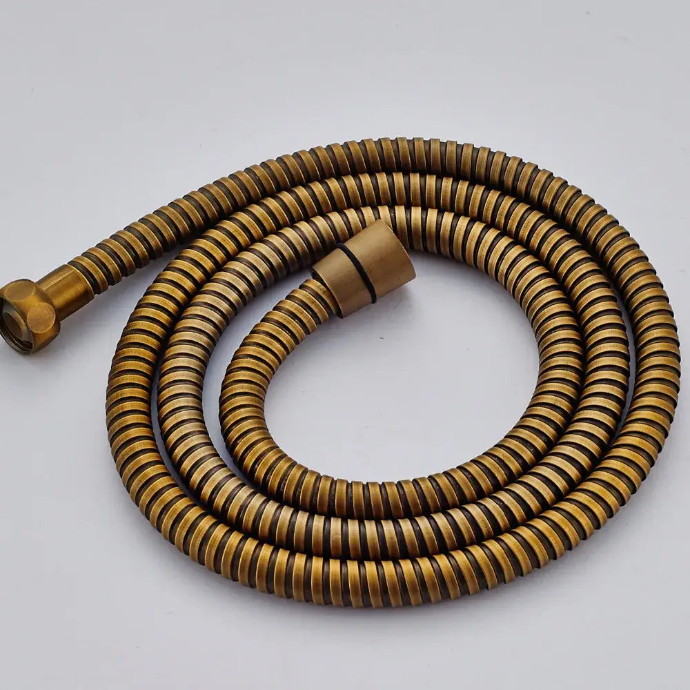 A coiled brass-colored hand shower hose with ribbed design and metallic connectors for antique brass and chrome shower head