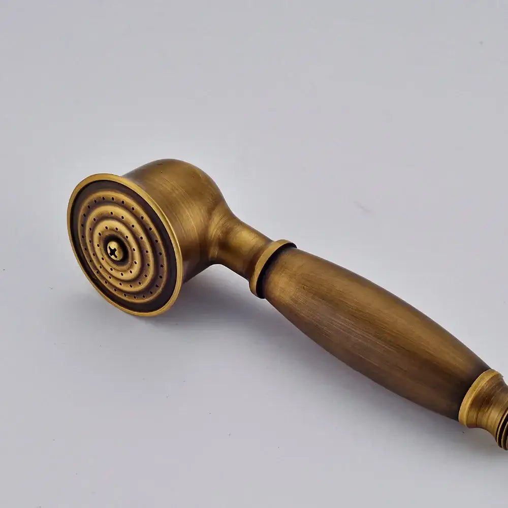 Antique brass and chrome hand shower head with classic rounded design and concentric spray nozzles for bathroom use