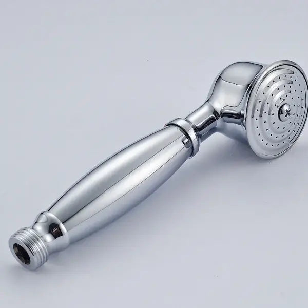 Antique brass and chrome hand shower head with chrome-finished circular spray face and elongated handle for bathroom use