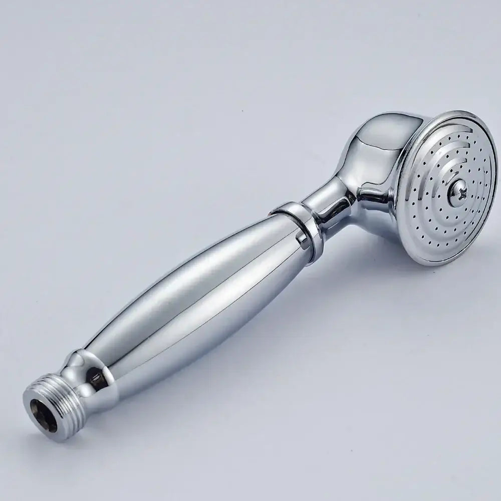 Antique brass and chrome hand shower head with chrome finish, elongated handle, and circular spray face with concentric nozzles