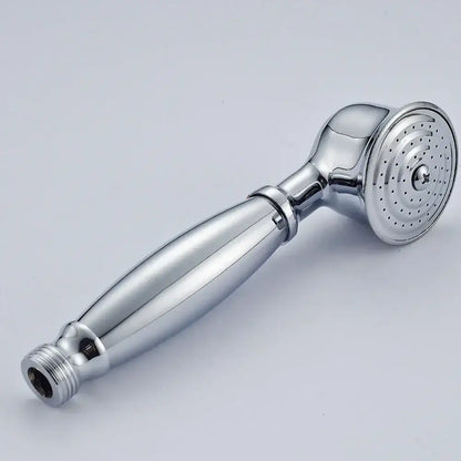 Antique brass and chrome hand shower head with chrome finish, elongated handle, and circular spray face with concentric nozzles