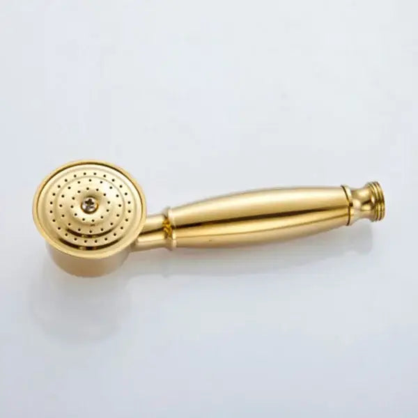 Antique brass and chrome hand shower head with gold-colored elongated handle and circular multiple nozzle spray face