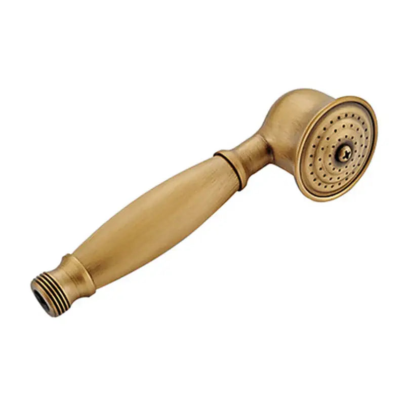 Antique brass and chrome hand shower head with classic rounded design and evenly spaced spray holes for bathroom use