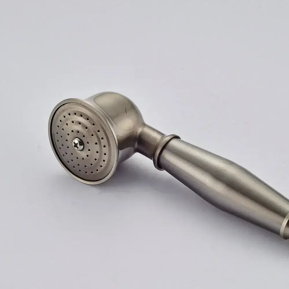 Stainless steel hand shower head with brushed finish and circular perforated spray face in antique brass and chrome design
