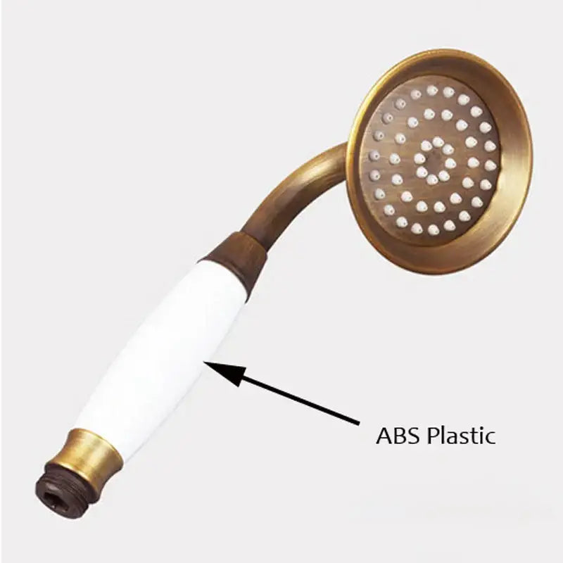 Antique brass and chrome hand shower head with vintage-style brass shower head, white ABS handle, and wooden accents