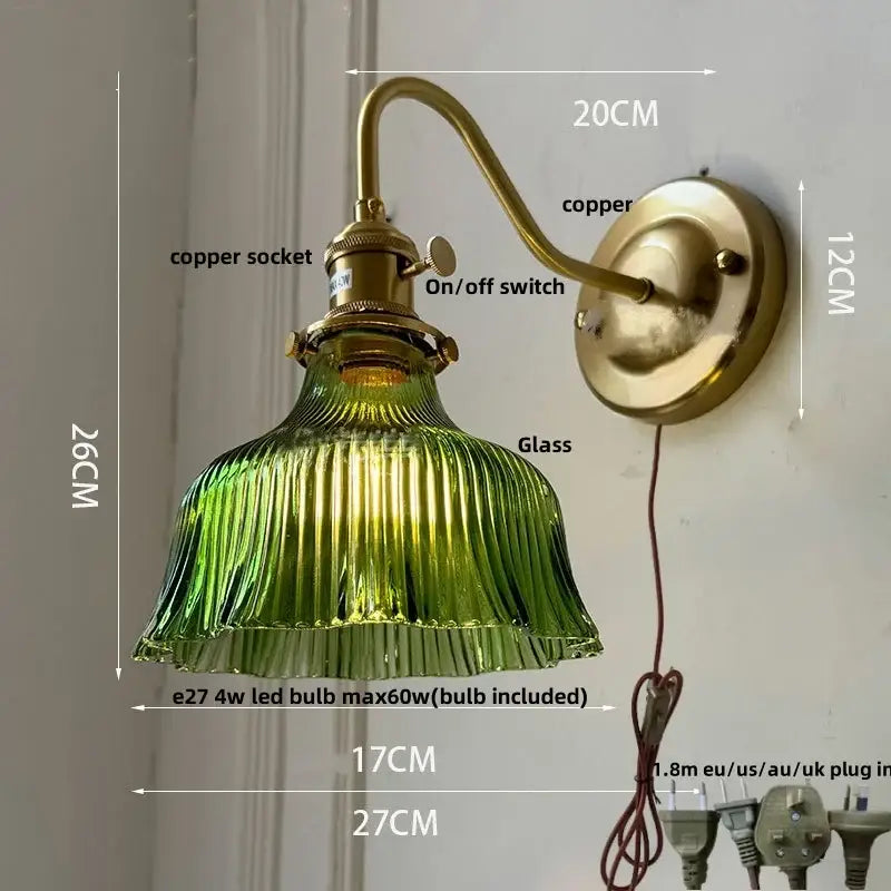 Antique brass and clear glass wall sconce with green ribbed glass and brass copper finish decorbites clear glass design