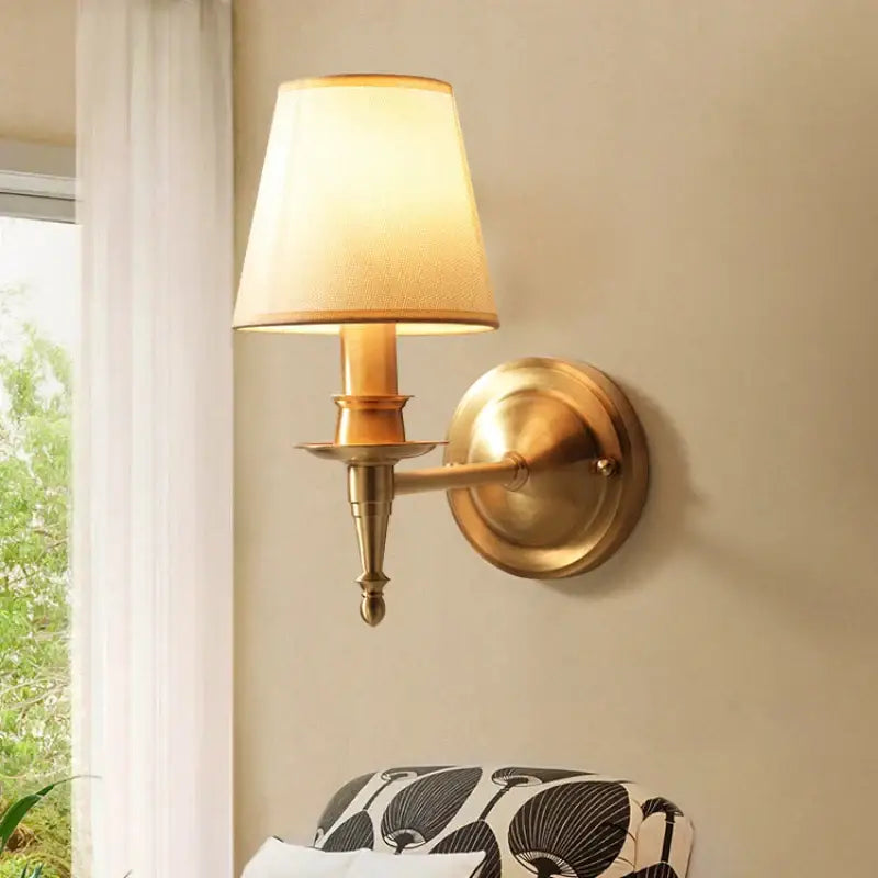 Antique brass wall lamp with cream fabric shade for decorbites copper wall bedroom sconce lighting decor