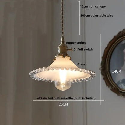 Antique brass and glass led pendant lamp with frosted scalloped glass shade and copper socket for kitchen lighting