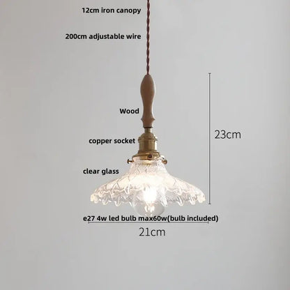 Antique brass and glass led pendant lamp with wooden handle copper socket and floral etching for kitchen hanging light