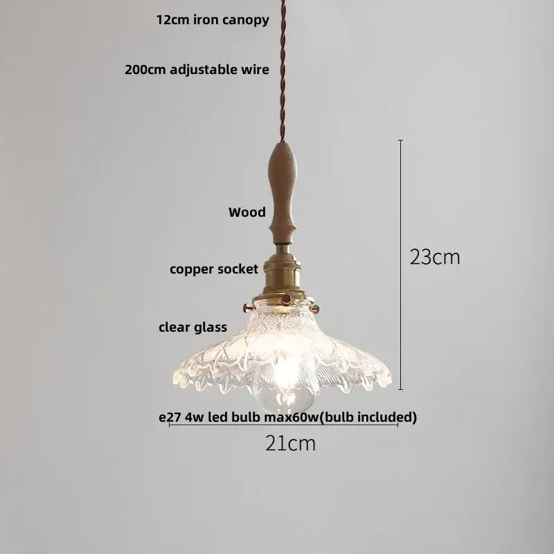 Antique brass and glass led pendant lamp with wooden handle copper socket and floral etching for kitchen hanging light