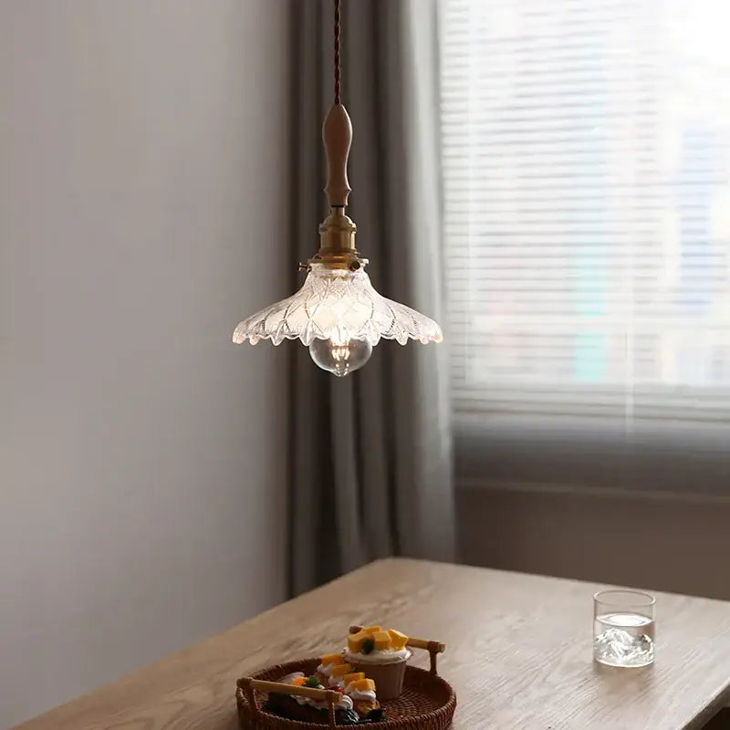 Antique brass and glass led pendant lamp with intricate floral etching on clear shade for kitchen hanging light