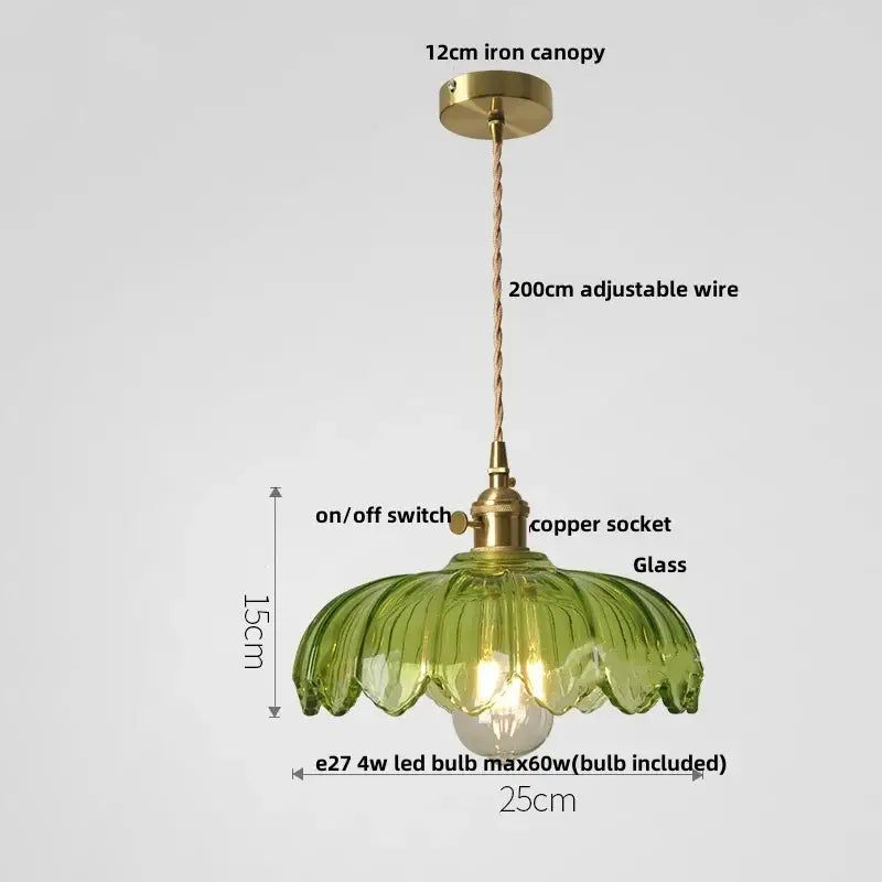Antique brass and green glass led pendant lamp with copper socket for kitchen hanging light fixture