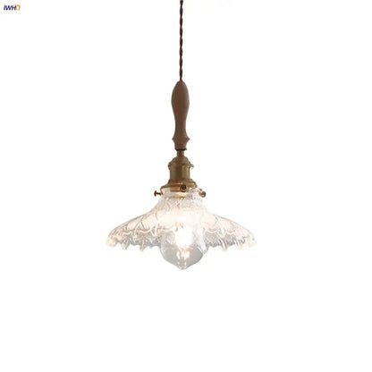 Antique brass and glass led pendant lamp with brass fixture wooden handle and clear textured glass shade for kitchen use