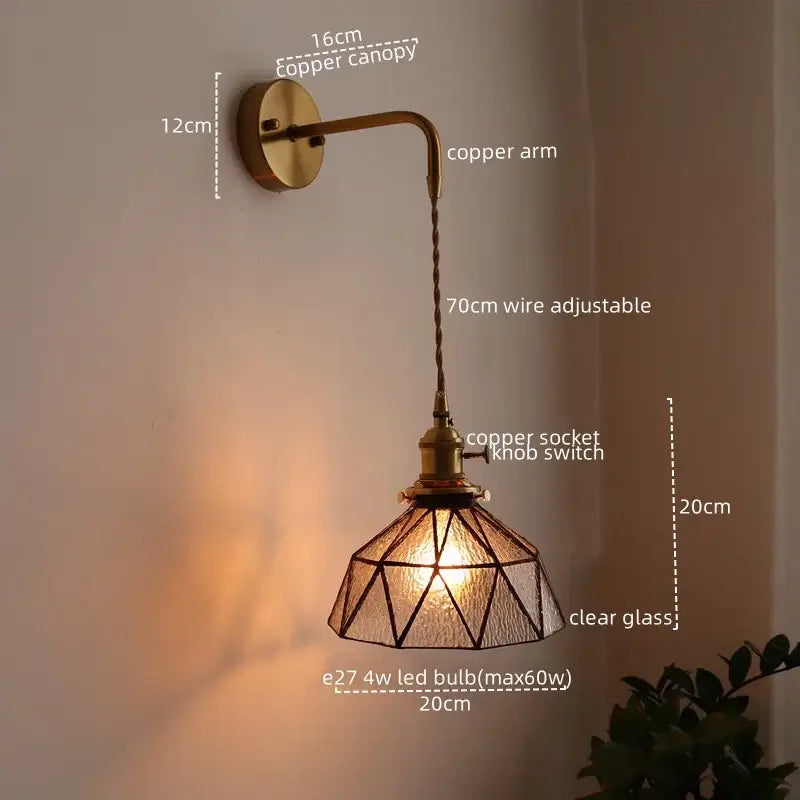 Copper-finished wall lamp with geometric clear glass shade and adjustable 70cm wire arm by decorbites led wall decor