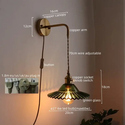 Copper wall lamp with green glass shade and adjustable 70cm wire for decorbites led wall bedroom sconce with pull chain
