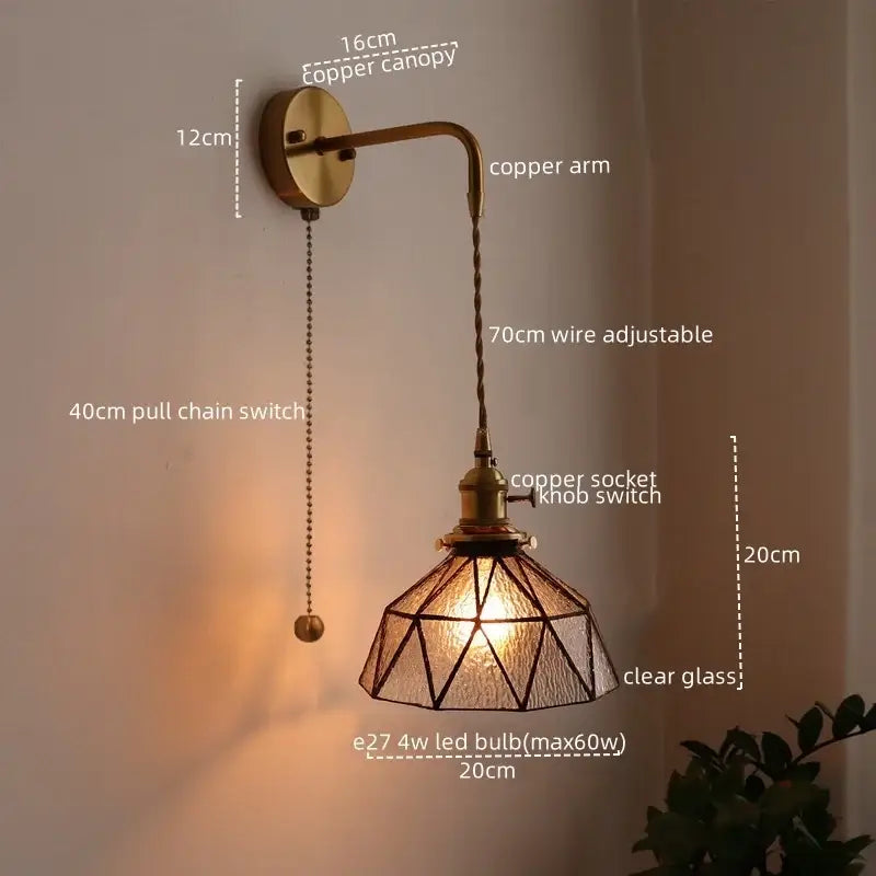 Copper-finished wall lamp with geometric clear glass shade and adjustable 70cm wire arm for decorbites led wall use