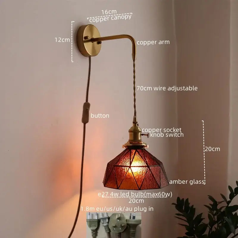 Antique brass wall lamp with adjustable copper arm and amber stained glass shade for decorbites led wall decorbites led