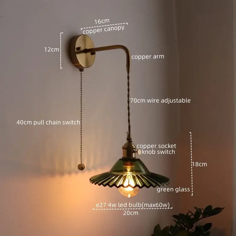 Antique brass wall lamp with green glass shade and adjustable 70cm wire for decorbites led wall sconce lighting
