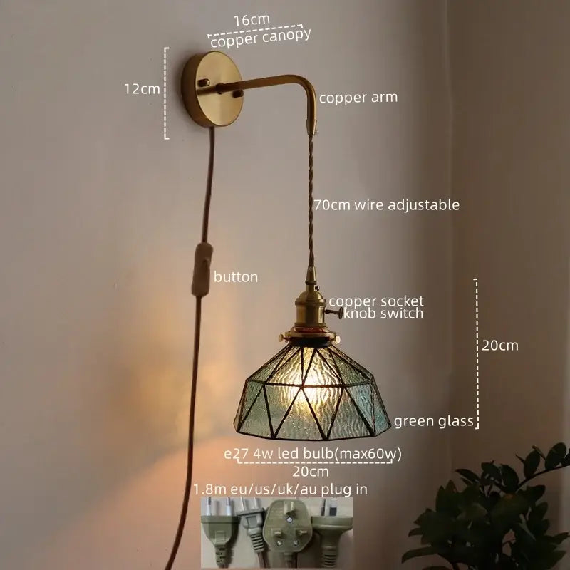 Antique brass and green glass wall lamp with adjustable copper arm and pull chain for decorbites led wall sconce