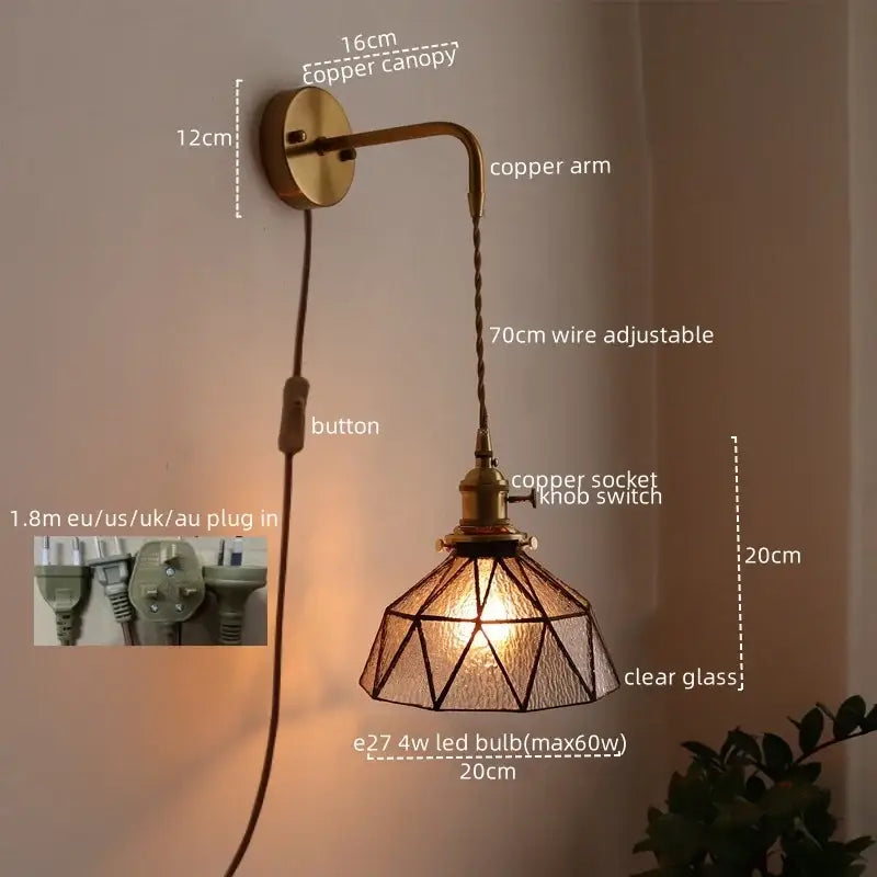 Copper wall lamp with geometric clear glass shade and adjustable wire by decorbites led wall for bedroom decor