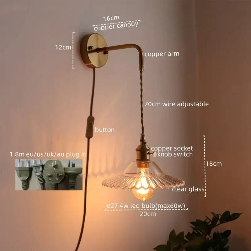 Copper wall lamp with clear glass shade and adjustable 70cm wire, ideal for decorbites led wall bedroom sconce lighting