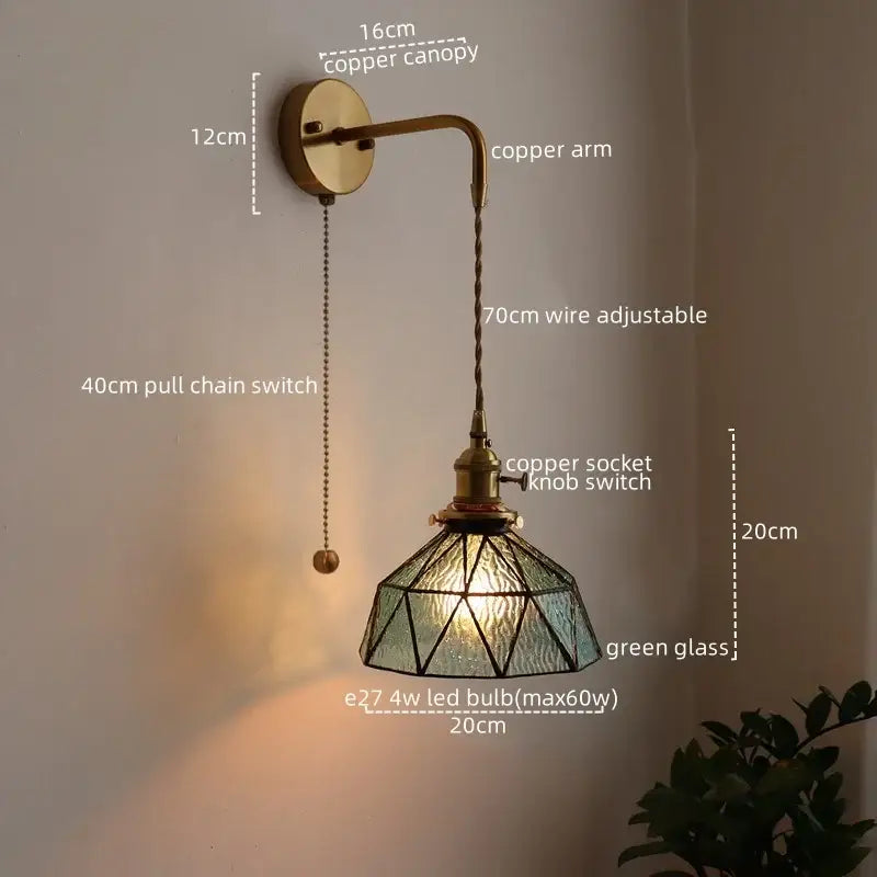 Copper-finished antique brass and green glass wall lamp with geometric shade and adjustable 70cm wire for decorbites led wall use
