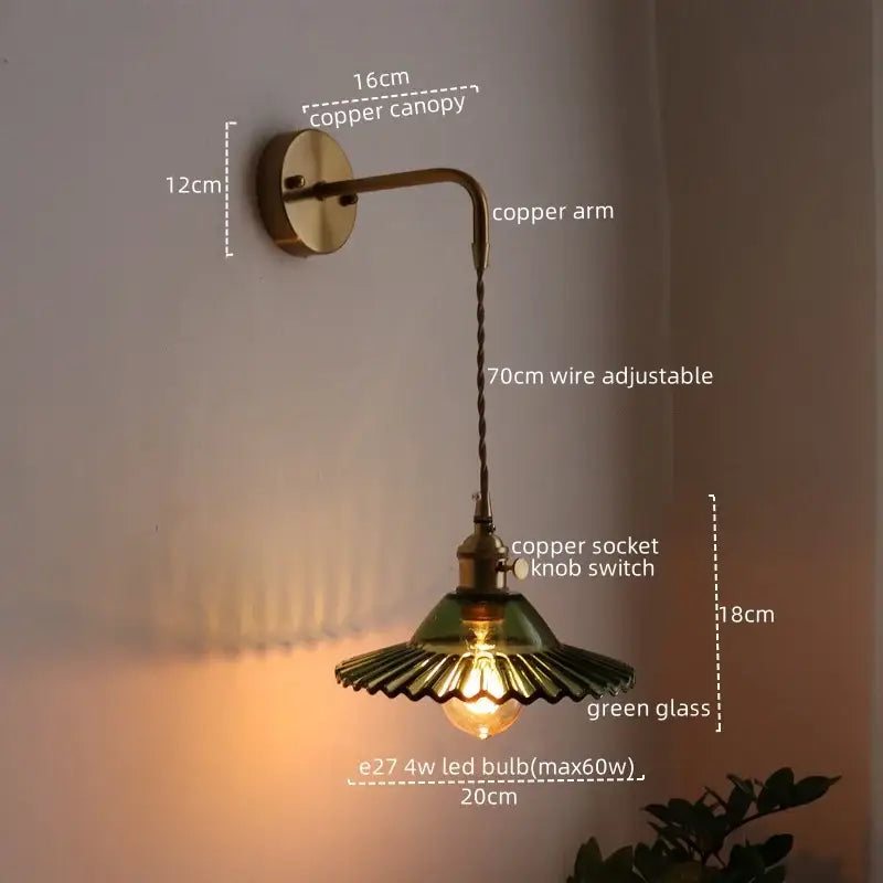 Antique brass and green glass wall lamp bedroom sconce with pull chain and adjustable 70cm wire decorbites led wall