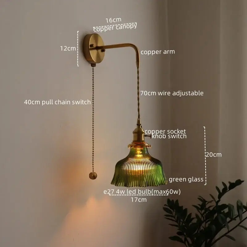 Antique brass wall lamp with green ribbed glass shade and adjustable arm for bedroom decorbites led wall lighting