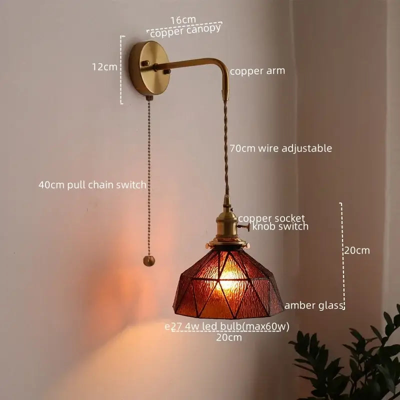 Antique brass wall lamp with faceted amber glass shade and adjustable 70cm wire arm decorbites led wall sconce