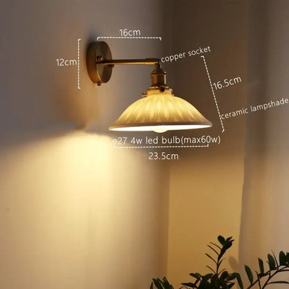 Antique brass wall lamp with decorbites ceramic copper socket and warm translucent ceramic copper led lampshade