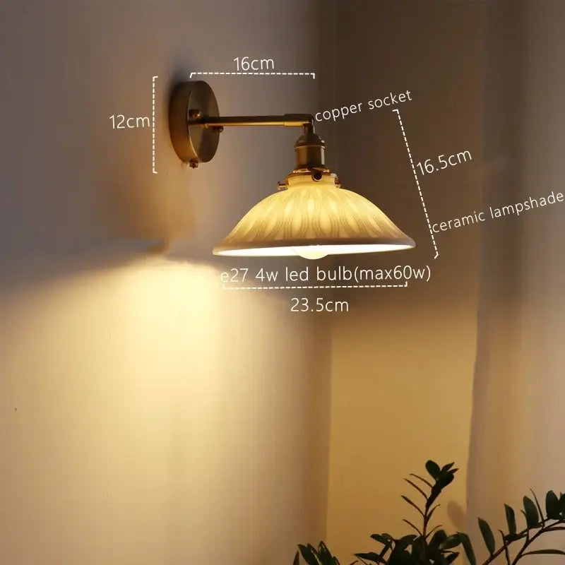 Antique brass wall lamp with decorbites ceramic copper socket and warm translucent ceramic copper led lampshade