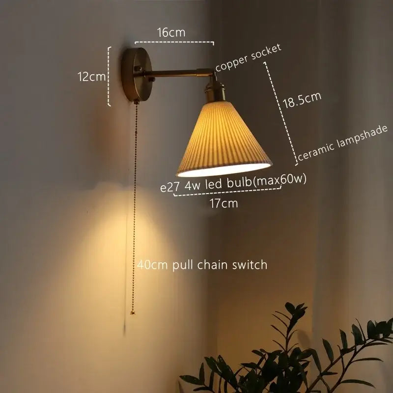 Copper-finished wall lamp with pleated ceramic shade and e27 4w led bulb ideal for decorbites ceramic copper led decor