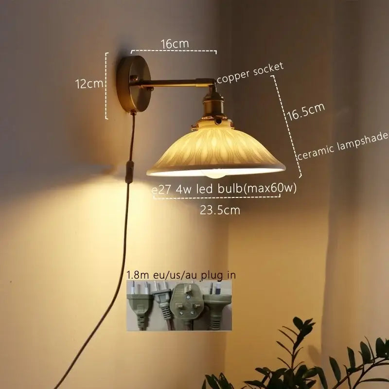 Antique brass wall lamp with ceramic copper led e27 bulb and ribbed glass shade for bedroom decorbites ceramic copper style