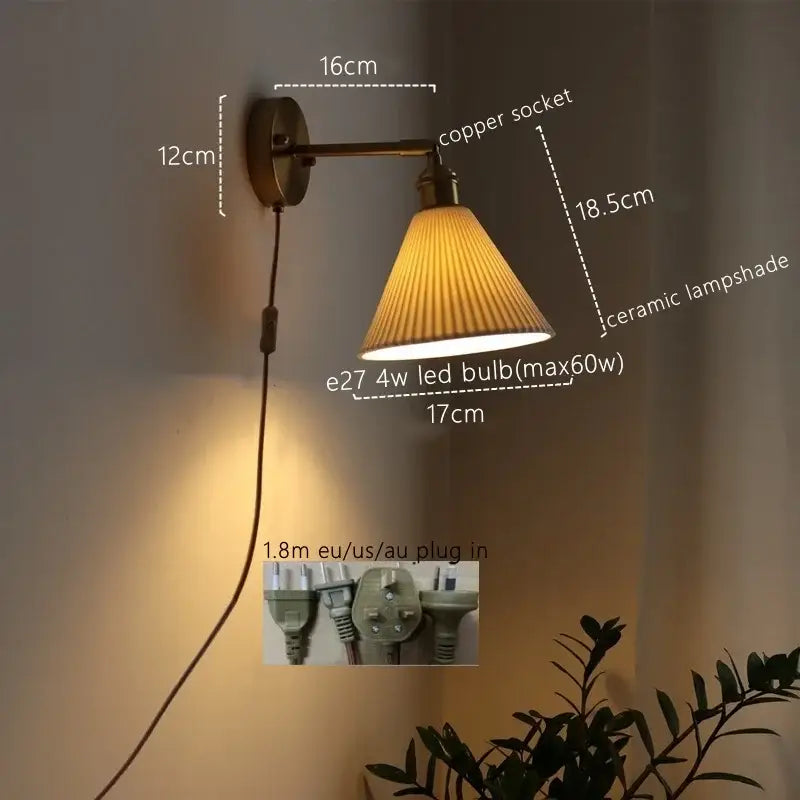 Copper-finished wall lamp with pleated ceramic copper lampshade and pull chain switch for bedroom decorbites ceramic copper led