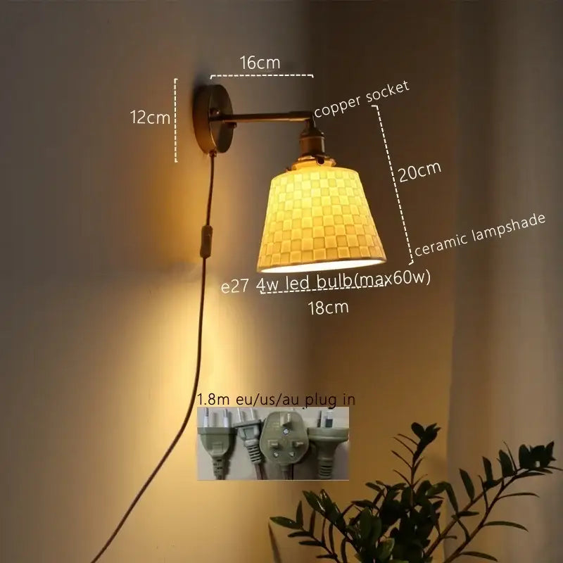 Warm-toned ceramic copper wall lamp with woven ceramic lampshade and antique brass ribbed glass pull chain switch
