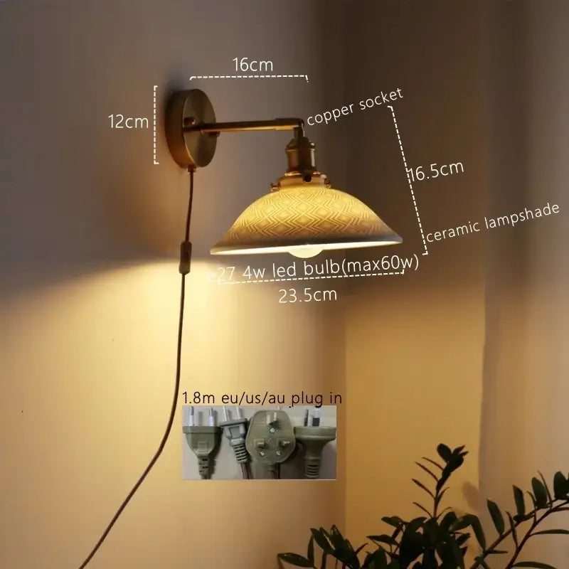 Antique brass wall lamp with copper socket and decorbites ceramic copper led embossed ceramic lampshade for bedroom use