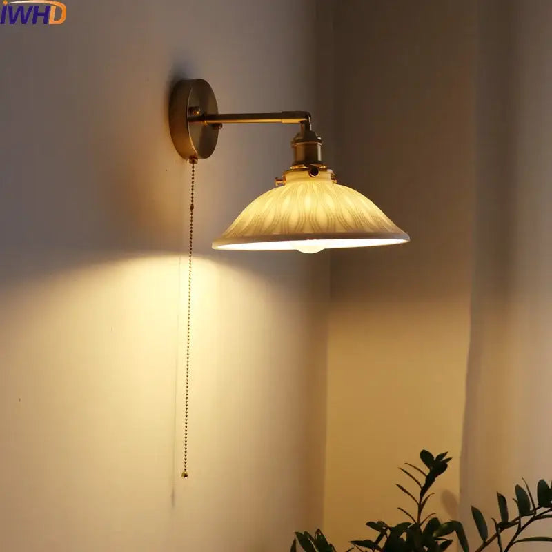 Antique brass wall lamp with ribbed frosted glass shade and pull chain switch ideal for decorbites ceramic copper decor