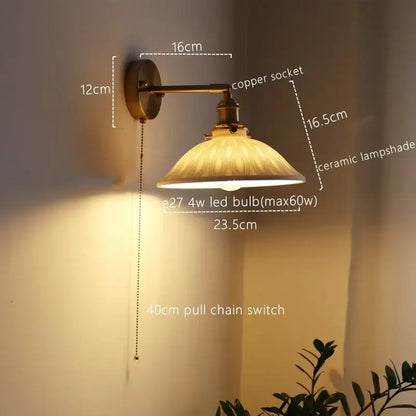 Antique brass wall lamp with ribbed glass, ceramic copper led socket, and e27 4w pull chain switch for bedroom decorbites