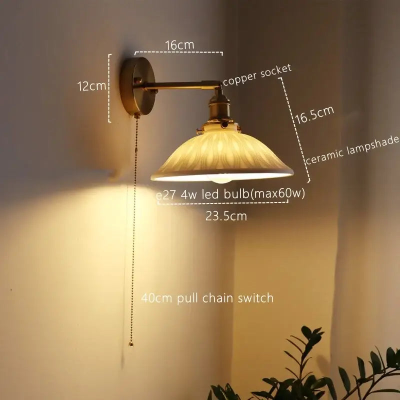 Antique brass wall lamp with ribbed glass, ceramic copper led socket, and e27 4w pull chain switch for bedroom decorbites