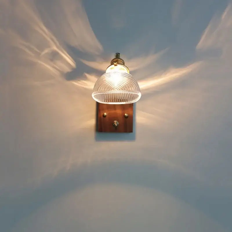 Antique brass and walnut wall lights with clear glass ribbed shade by decorbites for stair decor lighting