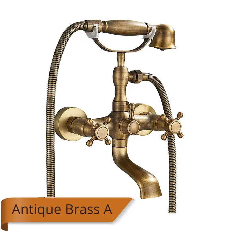 Antique brass and white ceramic bathtub shower faucet set with three cross handles and handheld shower faucet